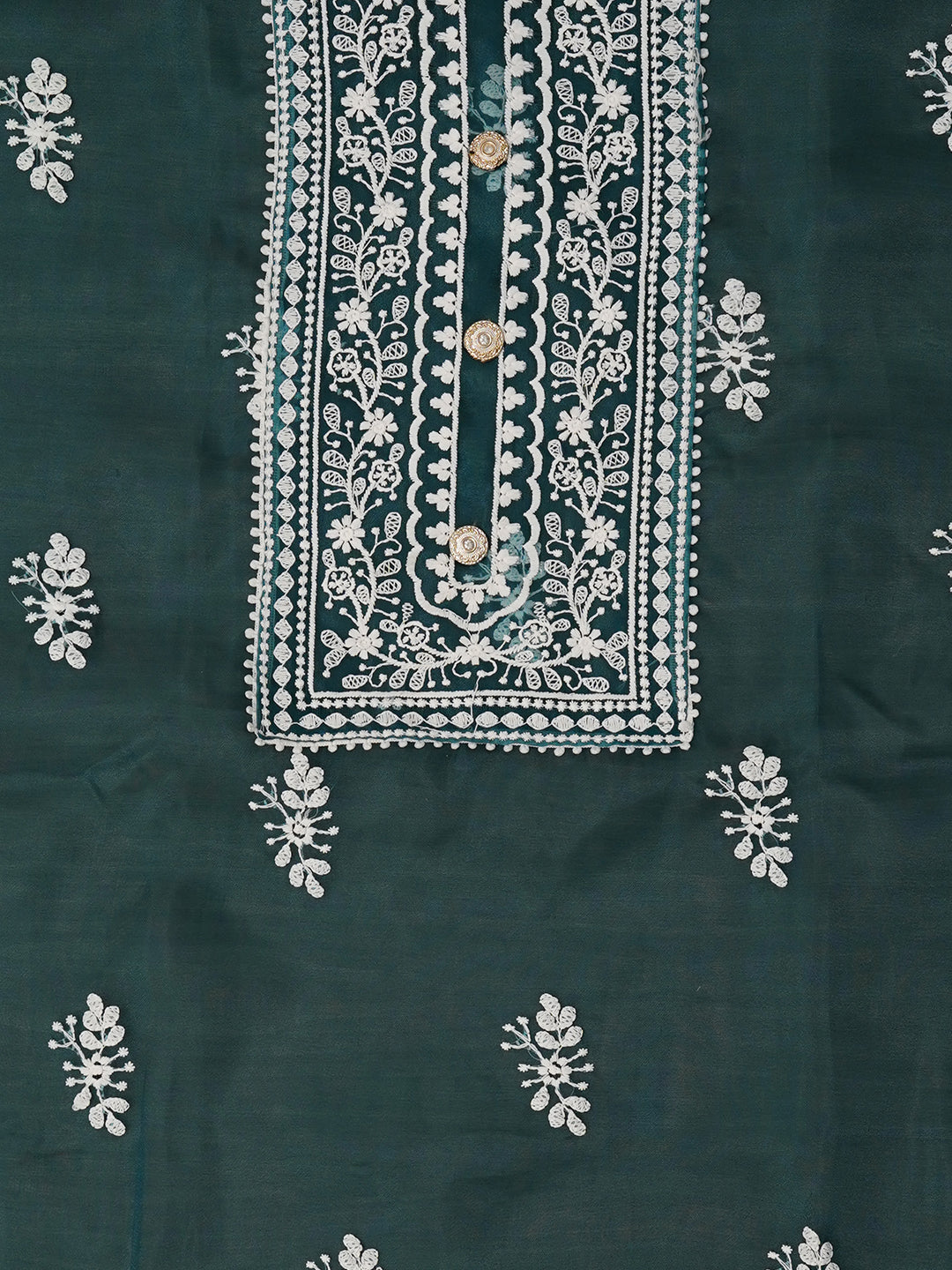 Unstitched Teal Embroidered Organza Dress Material With Dupatta