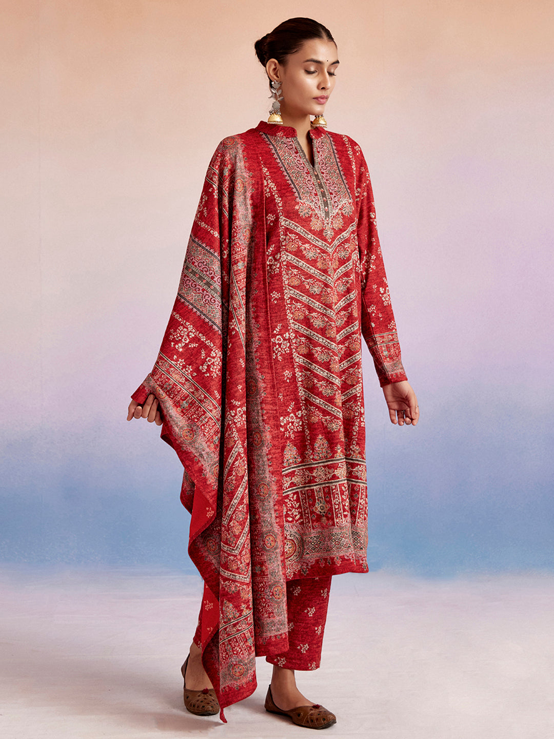 Red Woolen Ethnic Printed Kurta Set With Dupatta