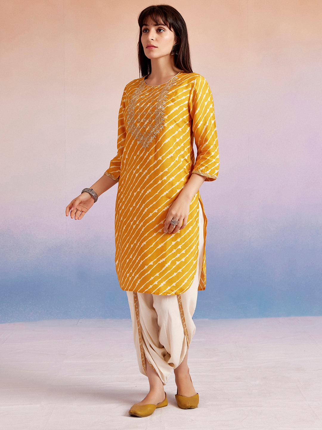 Mustard Embroidered Leheriya Kurta With Dhoti