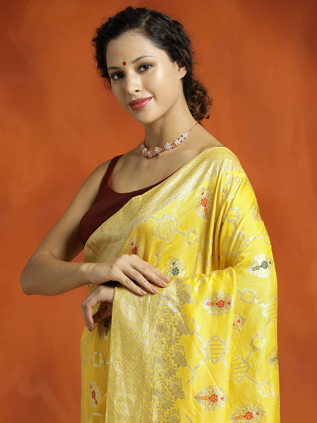 Yellow Party Wear Silk Banarasi Floral Zari Woven Design Saree