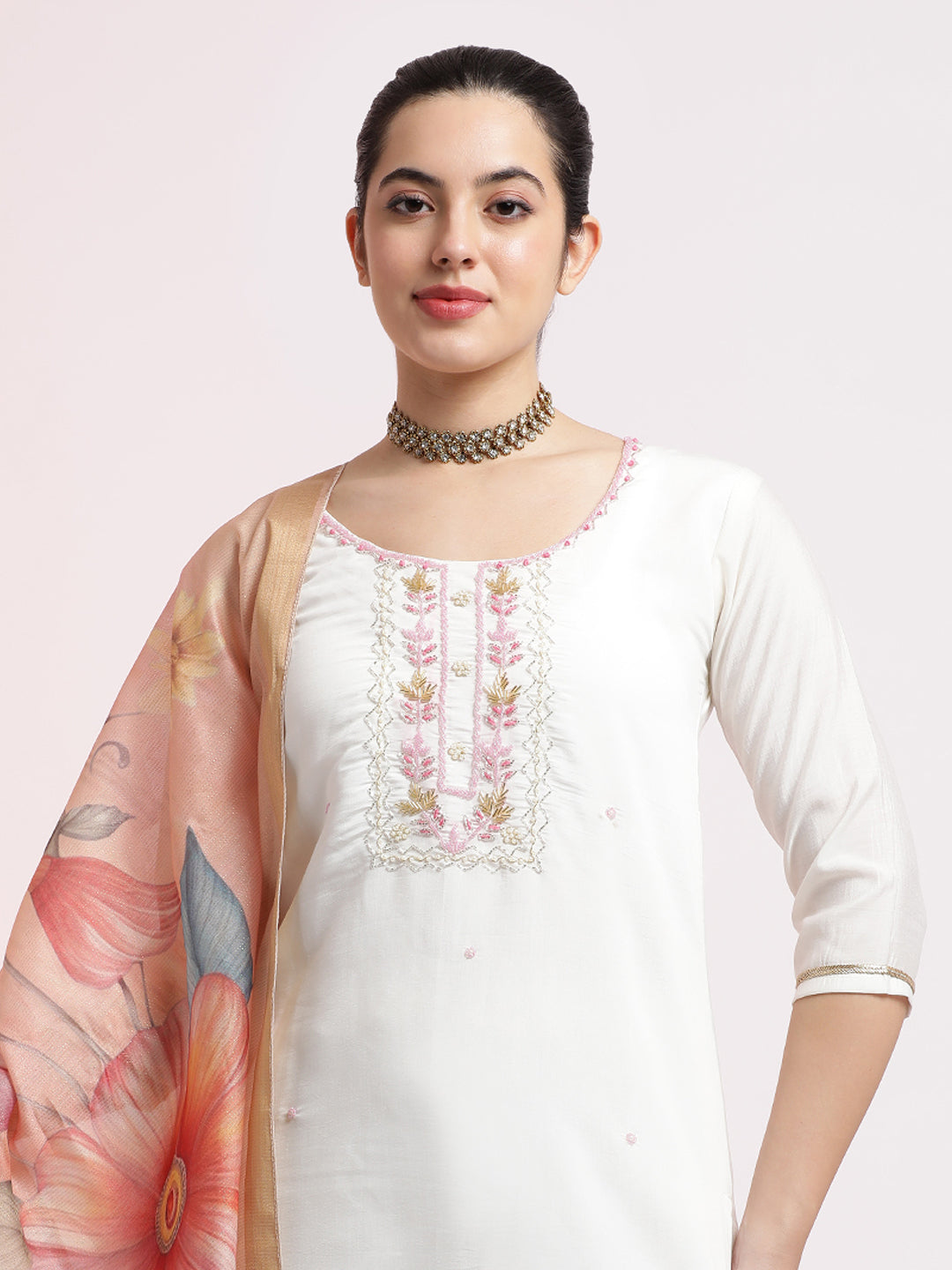 White Embroidered Cotton Festive Kurta Set With Dupatta