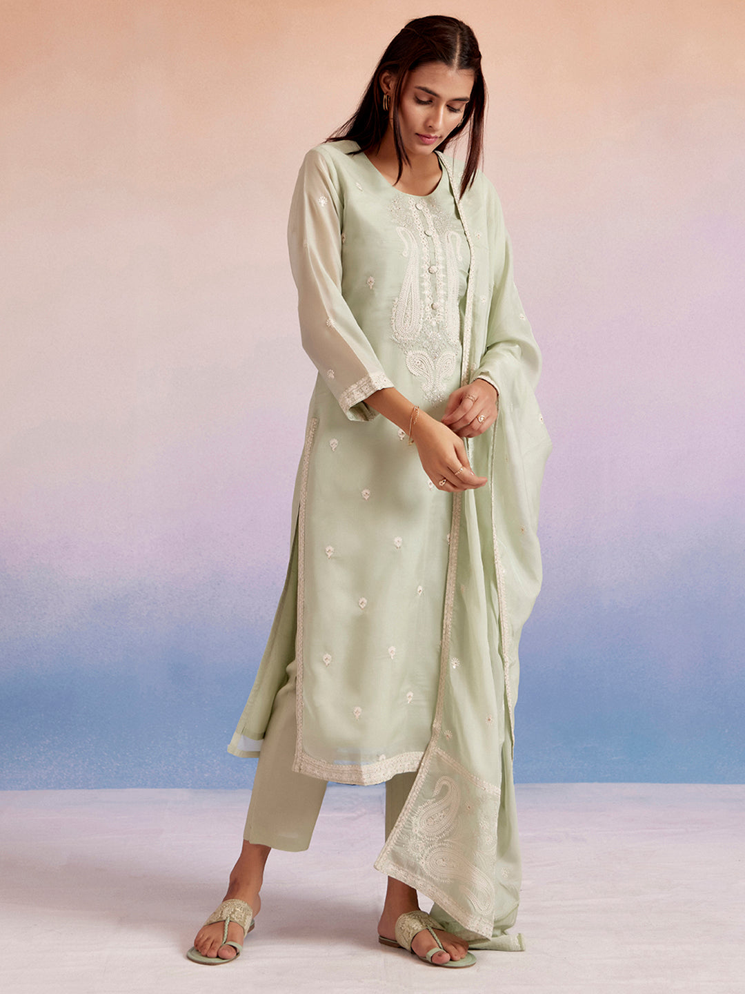 Light Green Dori Embroidered Festive Kurta Set With Dupatta