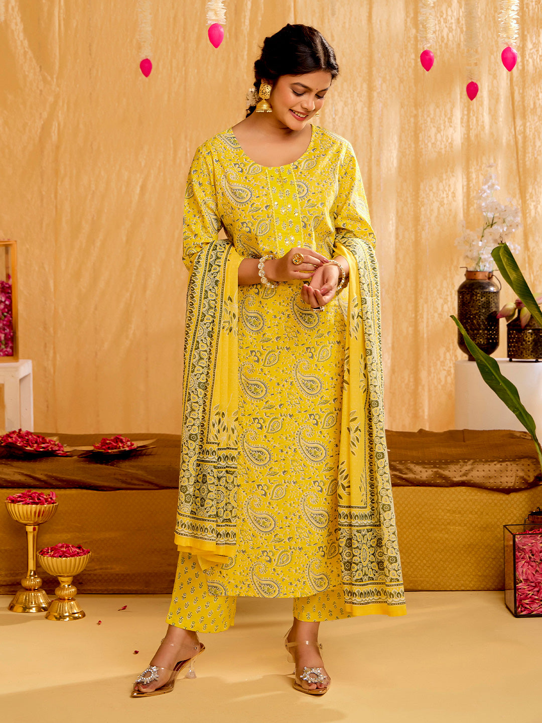 Yellow Ethnic Printed Pure Cotton Suit Set