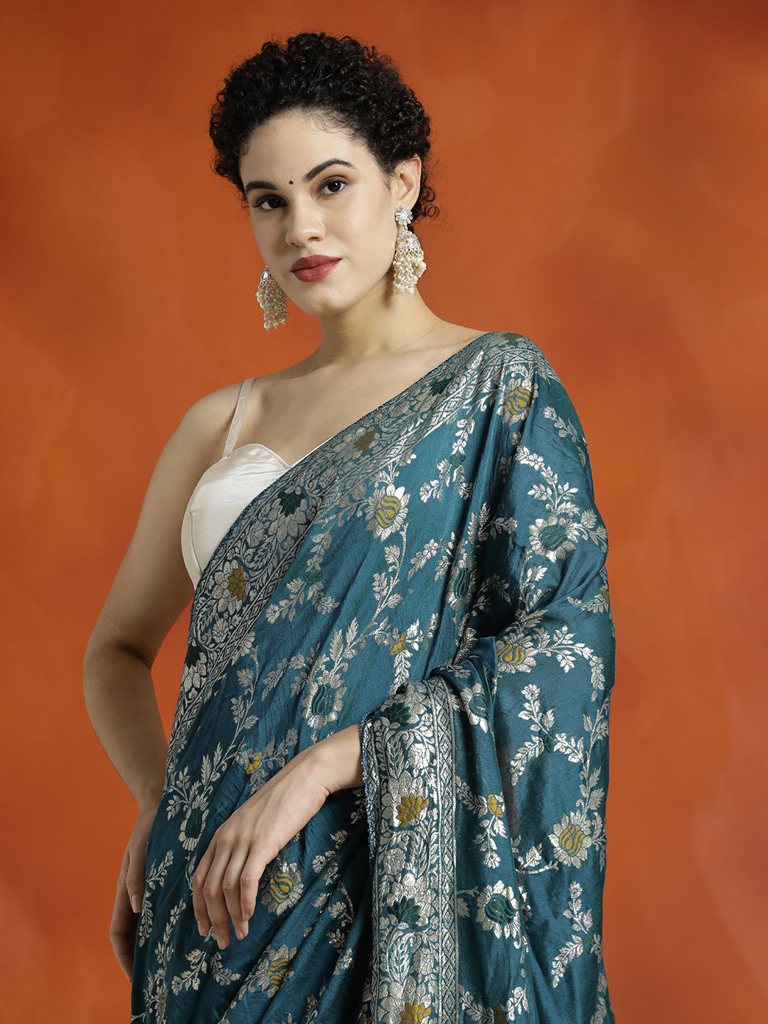 Teal Heavy Banarasi Zari Woven Teal Silk Blend Saree