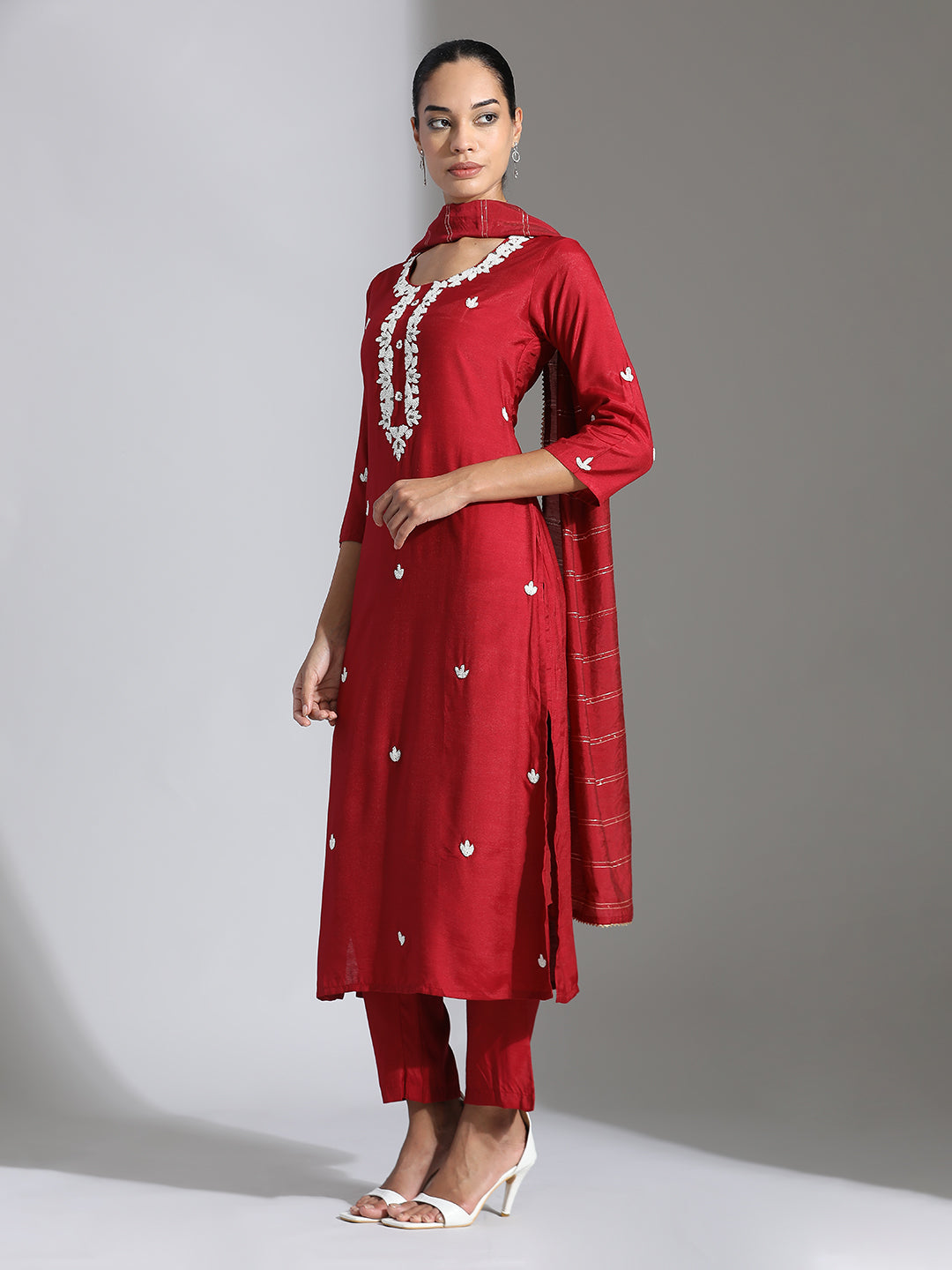 Maroon Festive Silk Beadwork Embroidered Suit Set