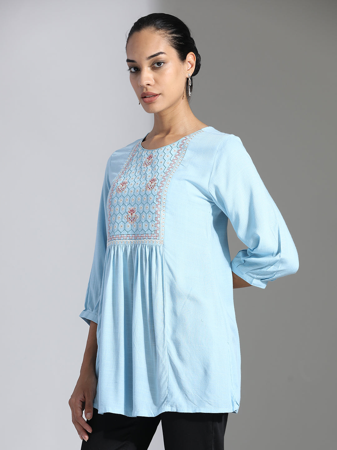 Light Blue Embroidered Party Wear A-line Top