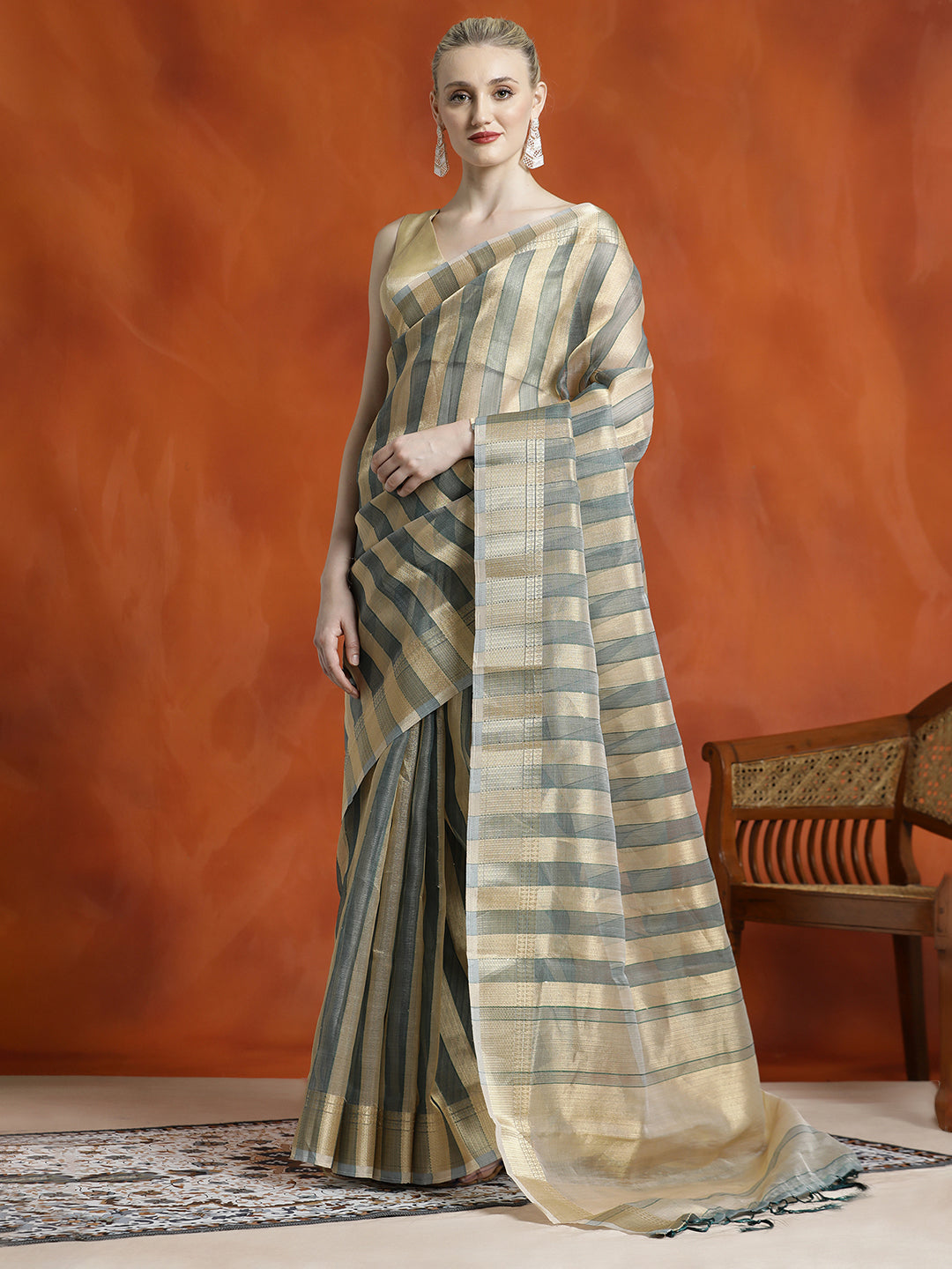 Green Striped Embellished Banarasi Organza Saree