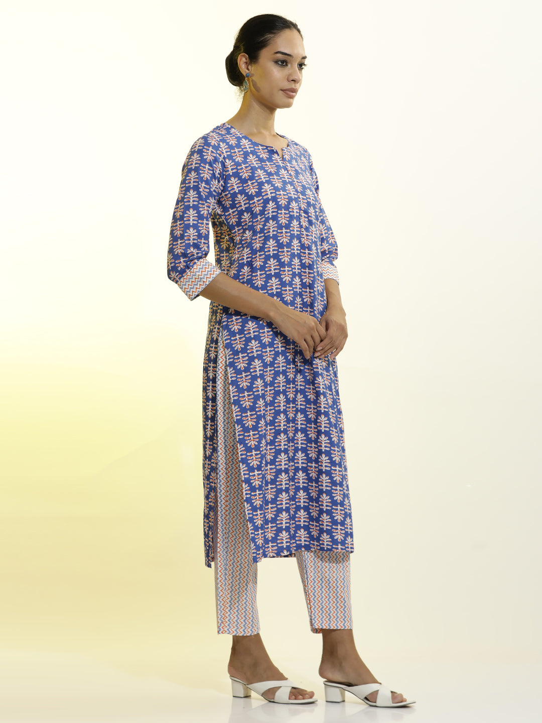 Ethnic Motif Printed Cotton Blend Navy Blue Kurta Set