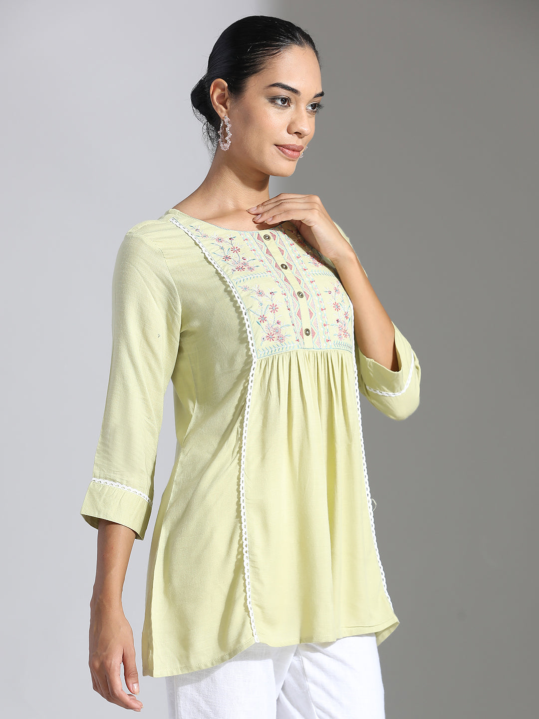 Green Embroidered Rayon Gathered Top