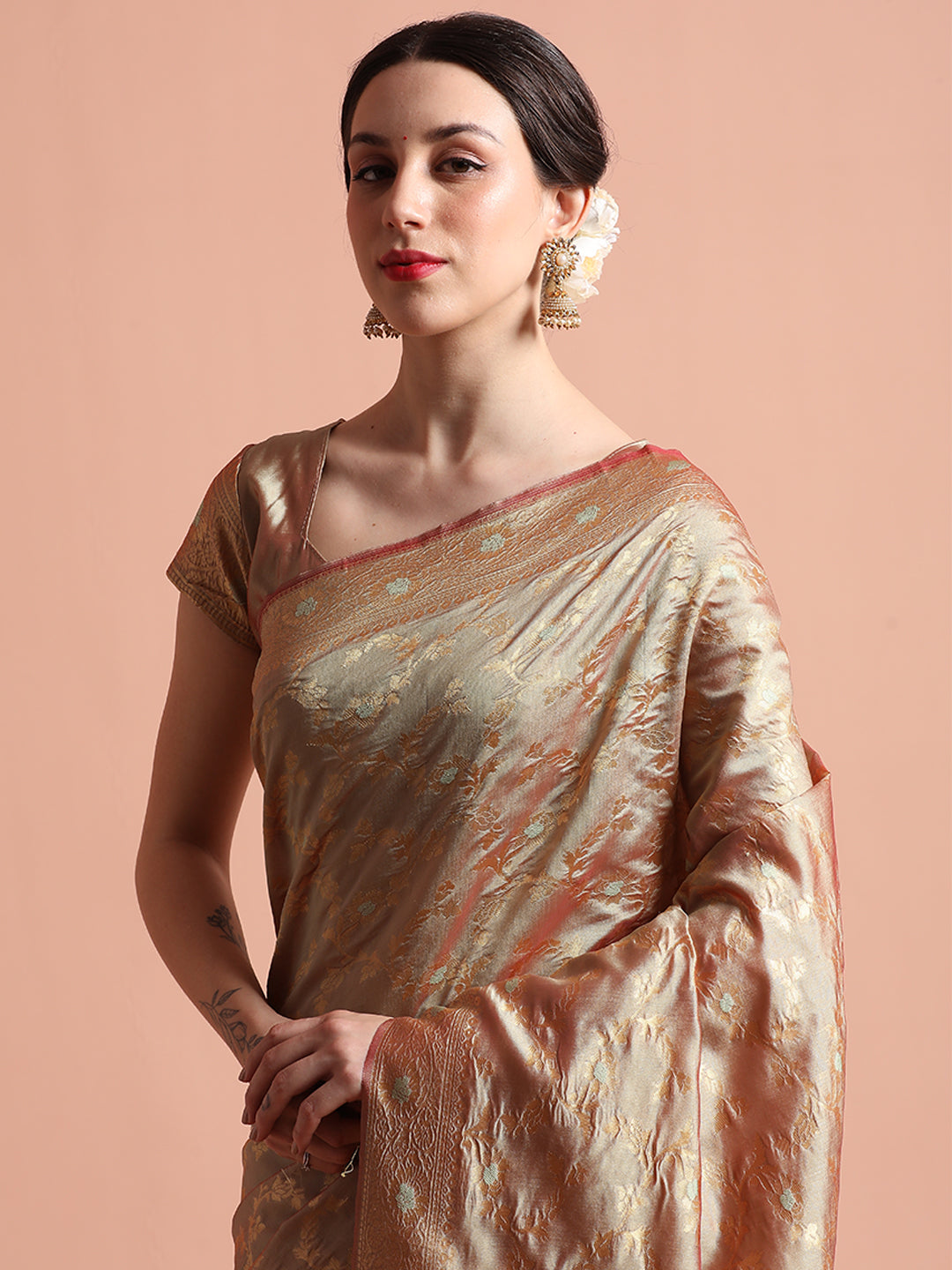 Beige Silk Banarasi Zari Woven Heavy Saree