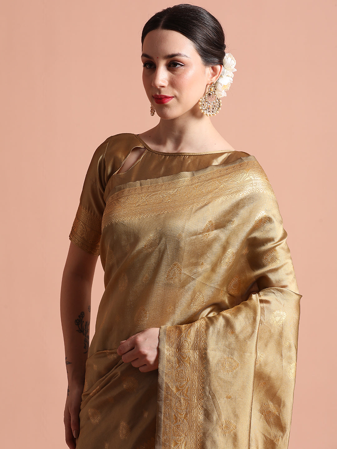 Beige Heavy Banarasi Zari Woven Silk Blend Saree