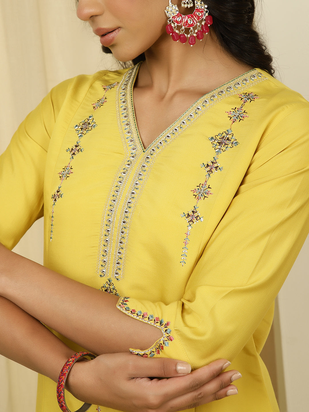 Silk Blend Mustard Embroidered Suit Set