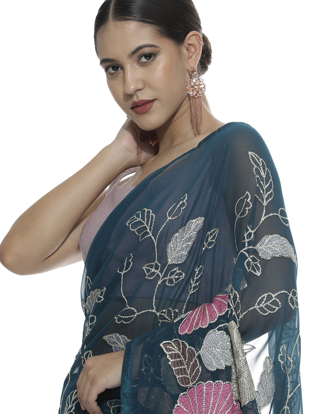 Teal Floral Sequin Work Pure Georgette Saree