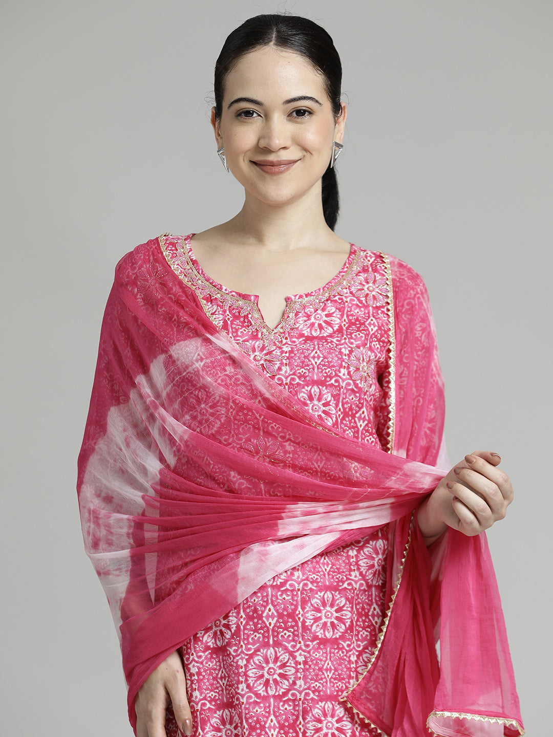 Ethnic Printed Cotton Pink Kurta Set With Dupatta