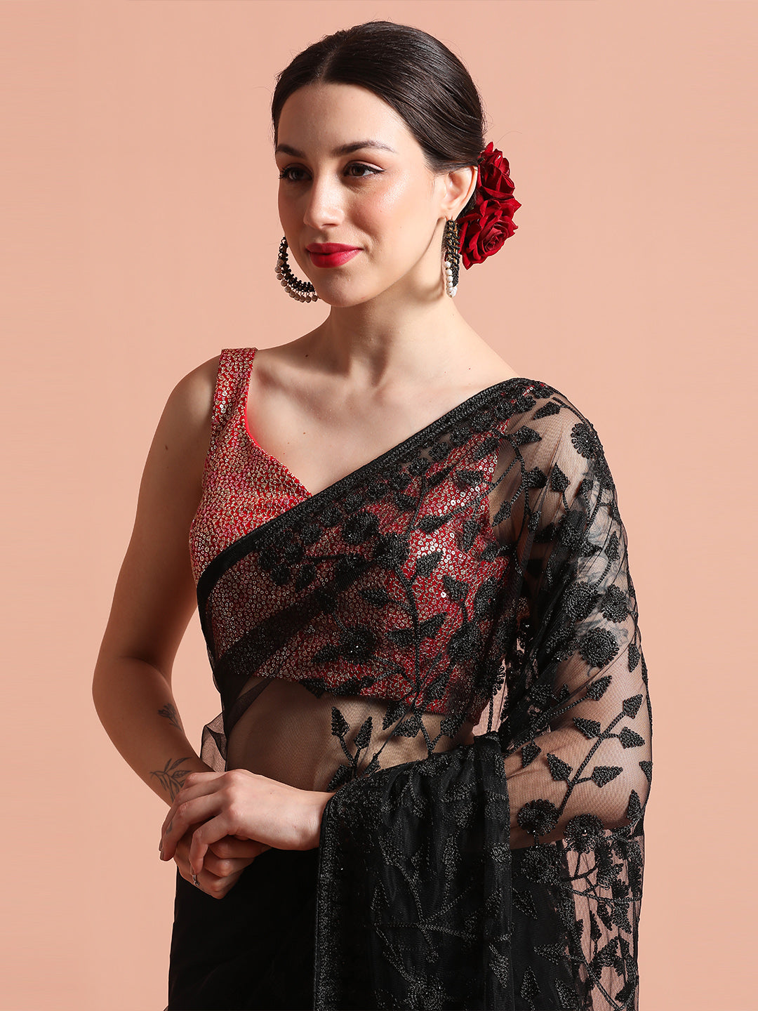 Black Party Wear Floral Embroidered Net Saree