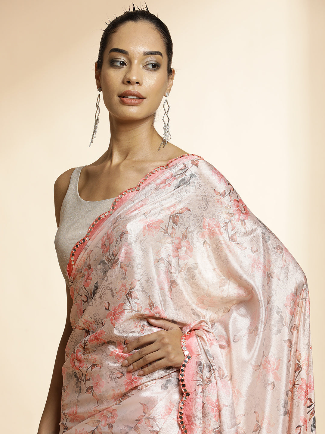 Mirror Work Satin Floral Printed Saree