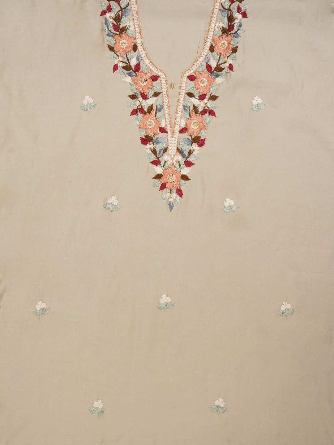 Cream Pure Silk Lucknowi Embroidered Dress Material with Dupatta