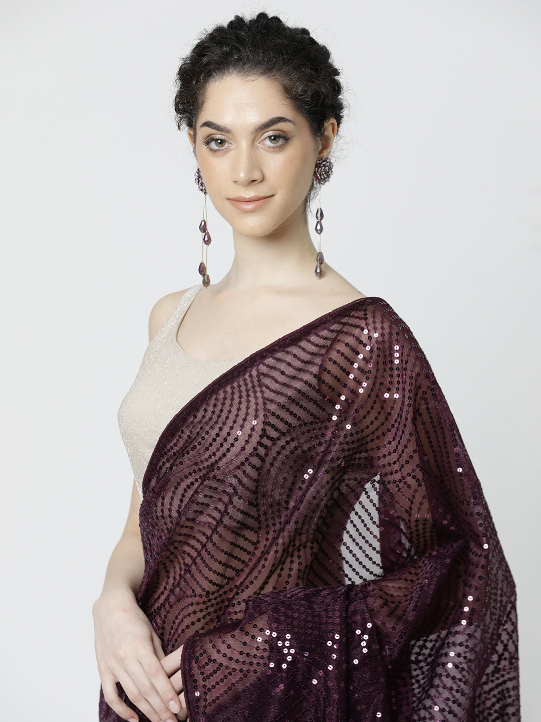 Purple Sequin Embellished Georgette Saree