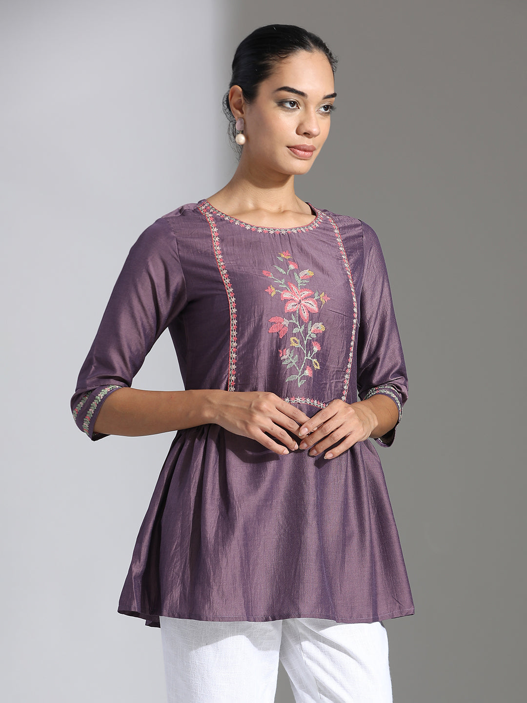 Purple Embroidered Party Wear Peplum Top