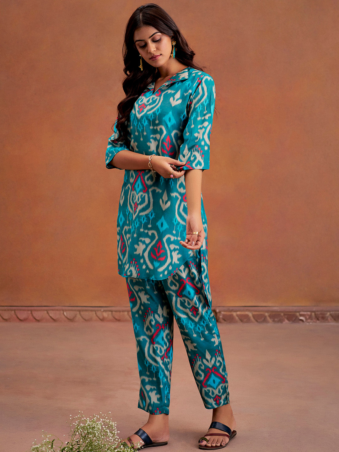 Teal Ikat Printed Festive Co-ord Set