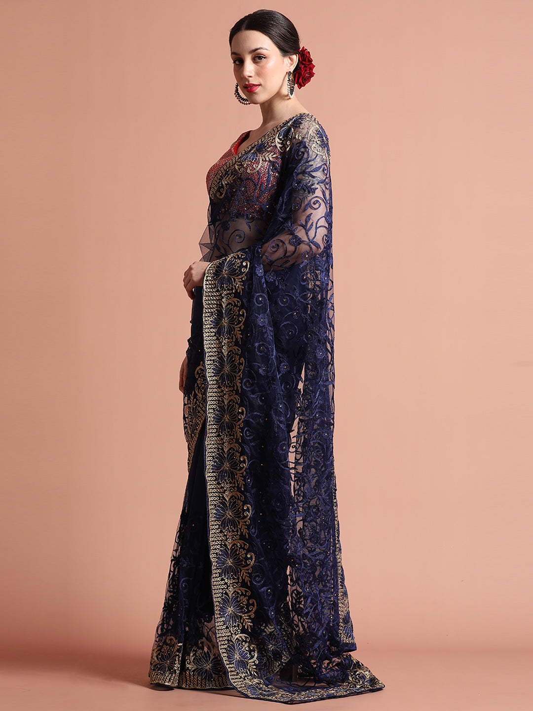 Navy Blue Heavy Floral Embroidered Net Party Wear Saree