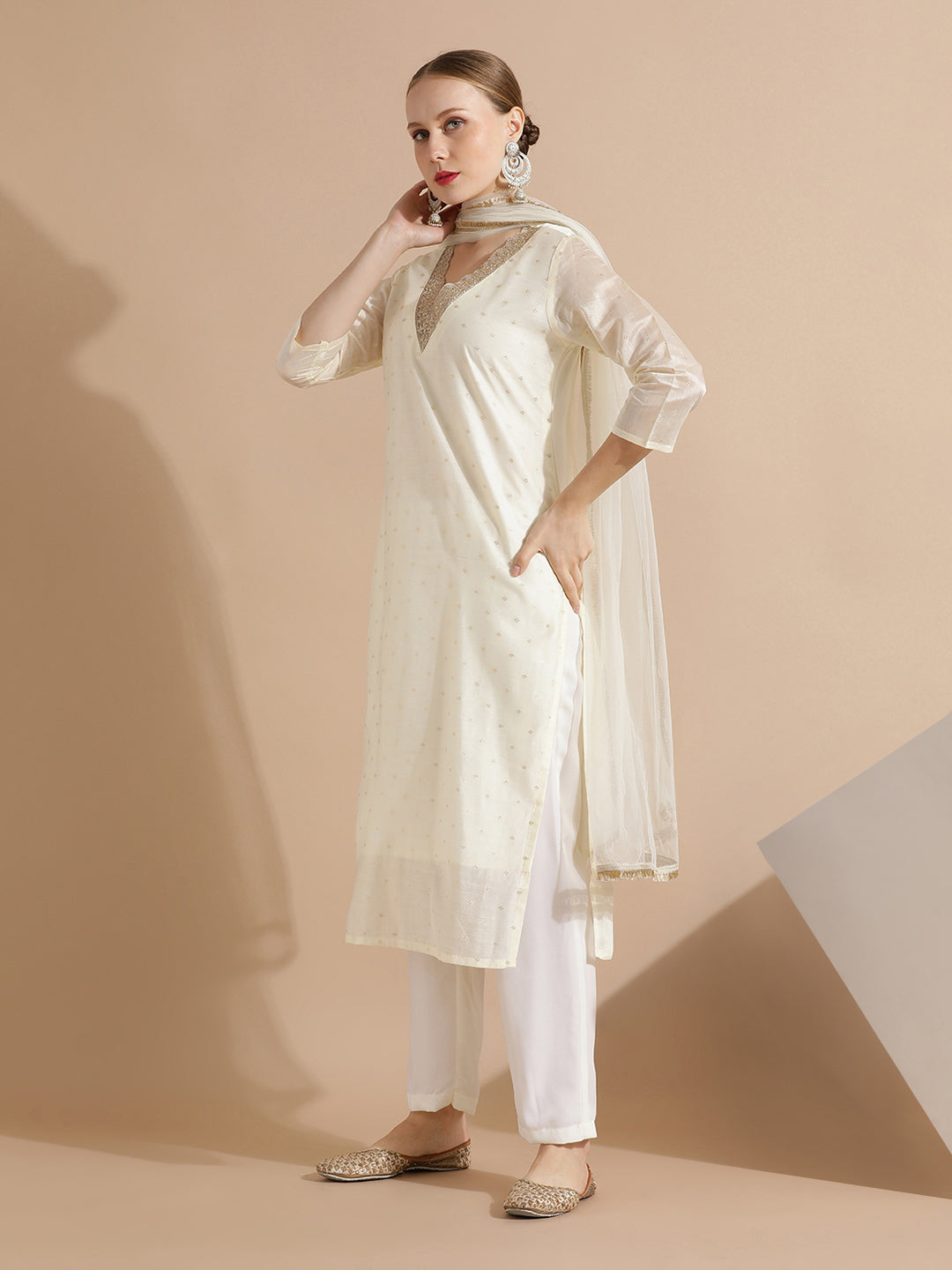 Off White Chanderi Woven Festive Kurta Set With Dupatta