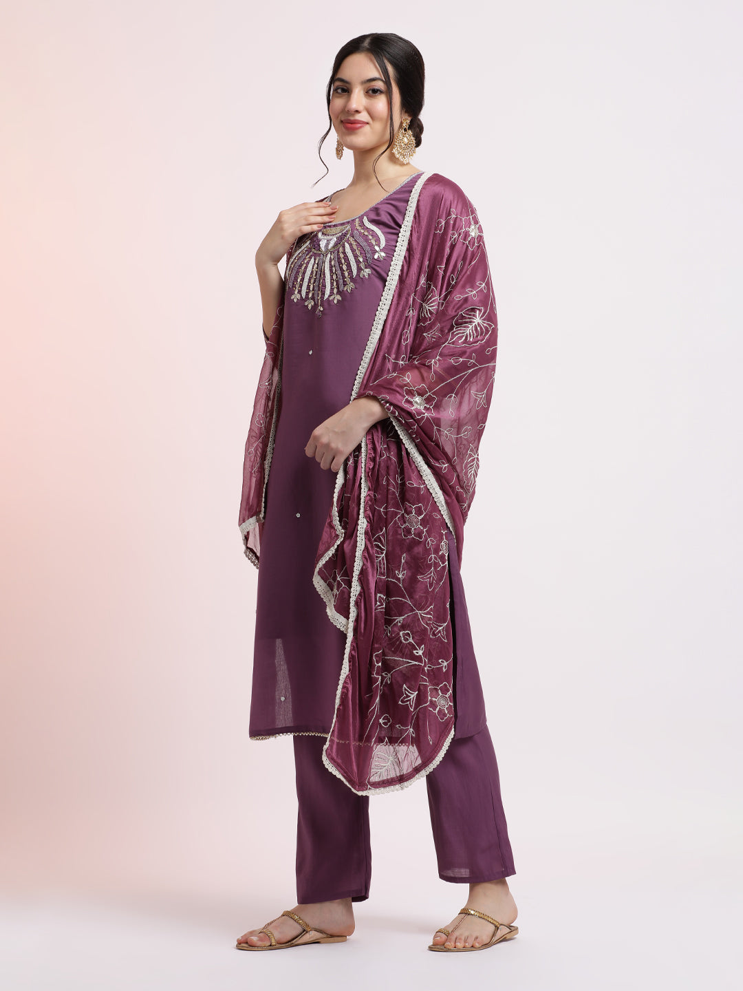 Purple Embroidered Cotton Festive Kurta Set With Dupatta