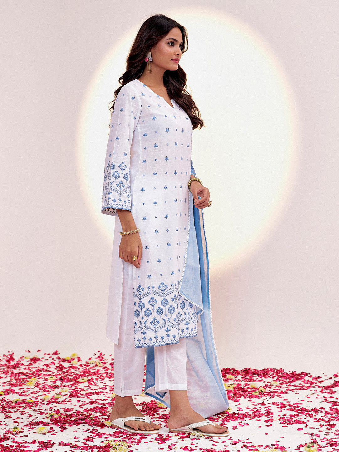 White & Blue Threadwork Embroidered Cotton Kurta Set With Dupatta