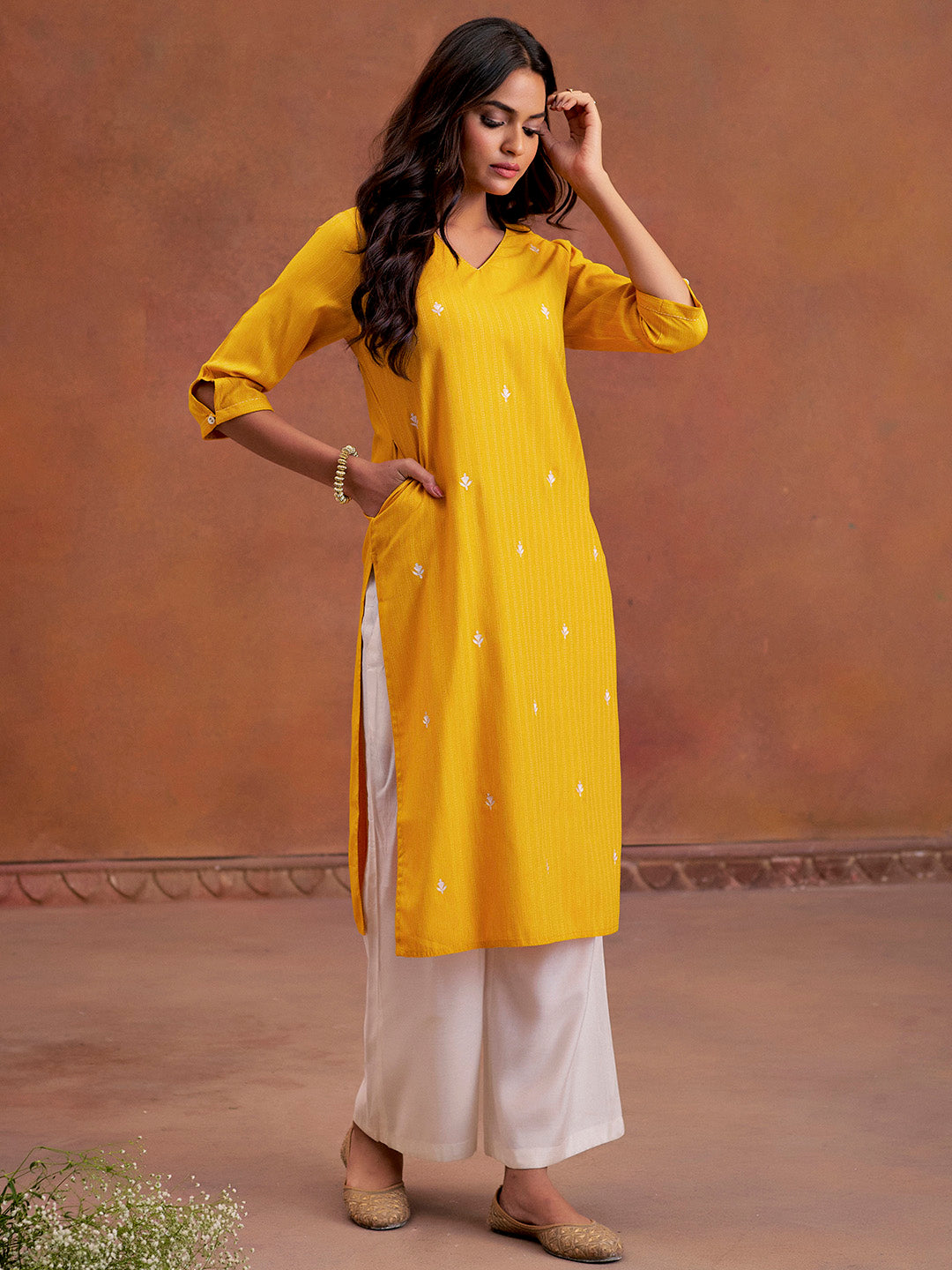 Mustard Self Woven Embroidered Straight Kurta