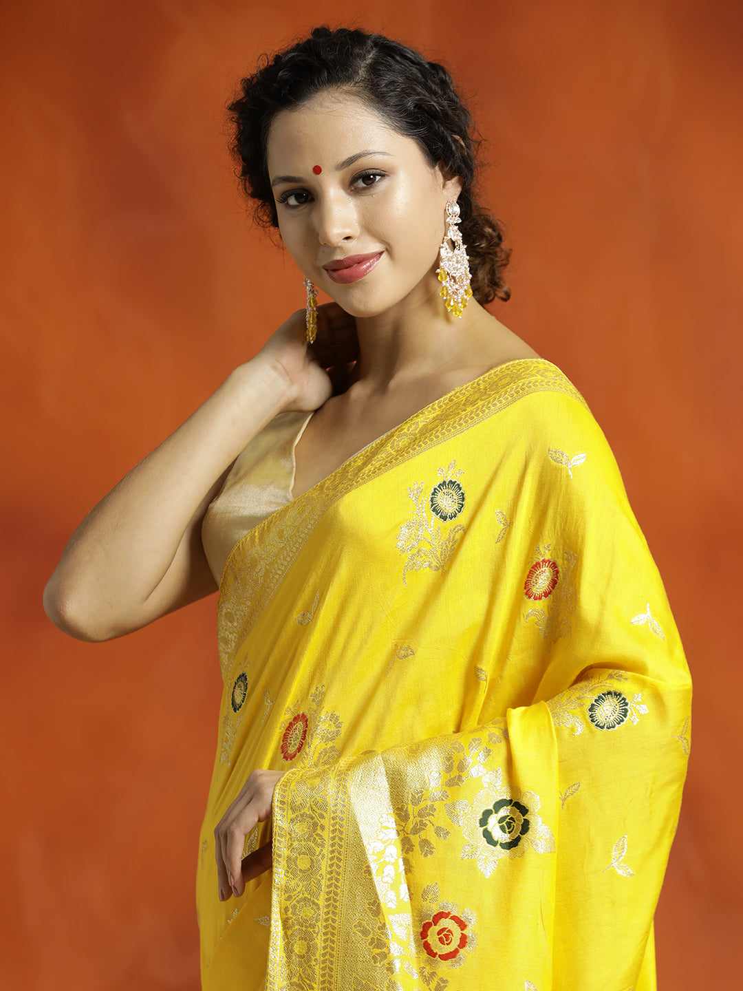 Yellow Silk Banarasi Floral Zari Woven Design Heavy Saree