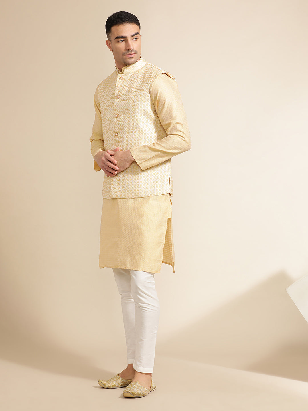 Silk Blend Beige Kurta With Woven Design Nehru Jacket Set