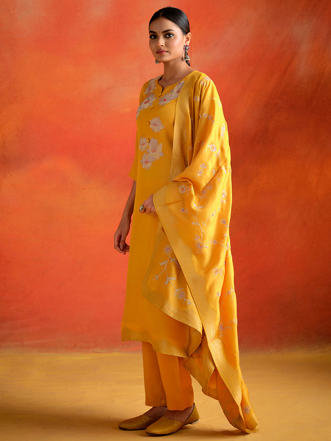 Mustard Hand Embroidered Festive Kurta Set With Dupatta