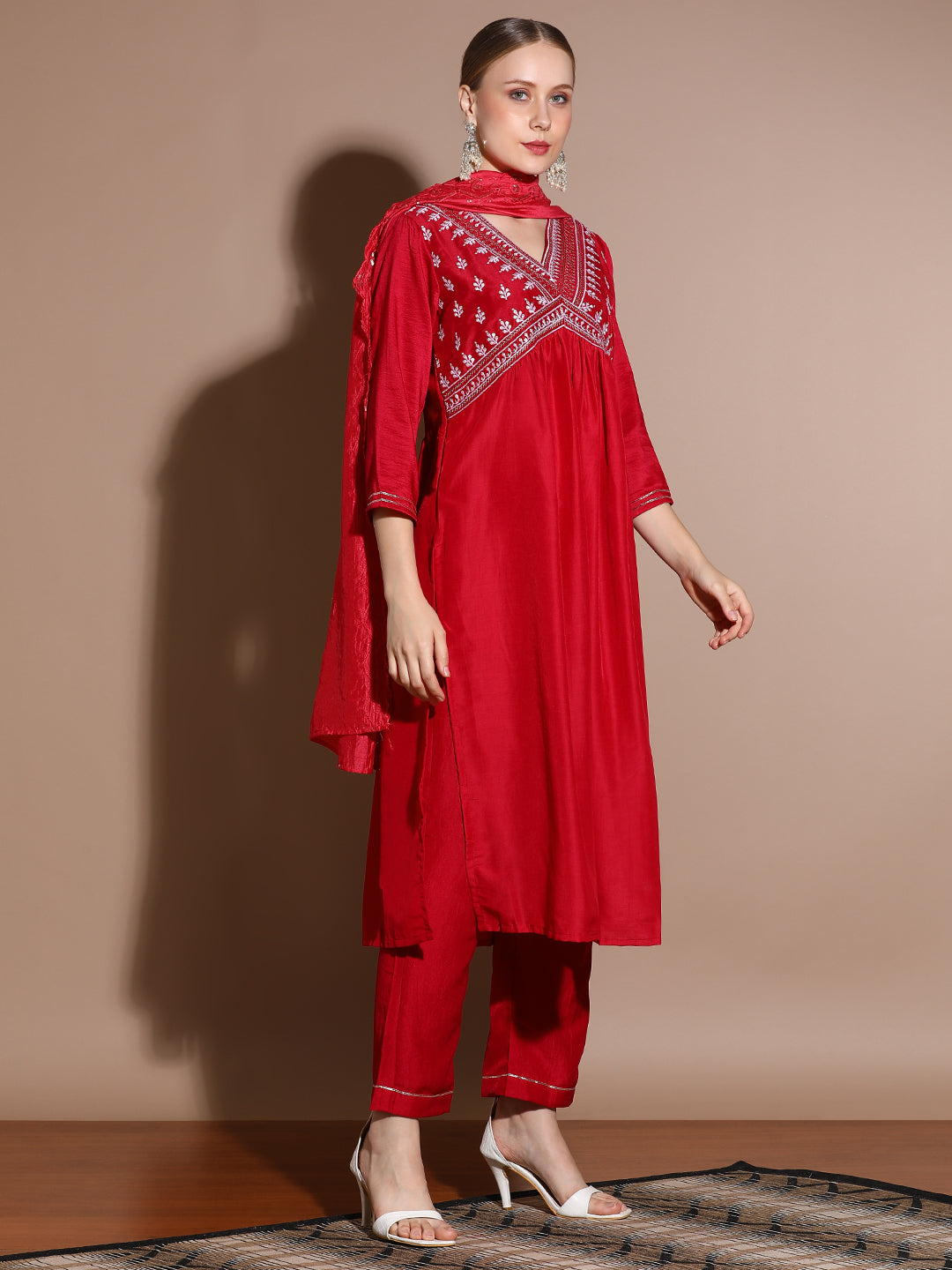 Red Velvet Solid Kurta Set With Dupatta