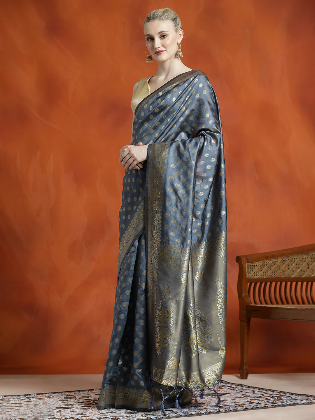 Grey Heavy Banarasi Zari Woven Silk Blend Saree