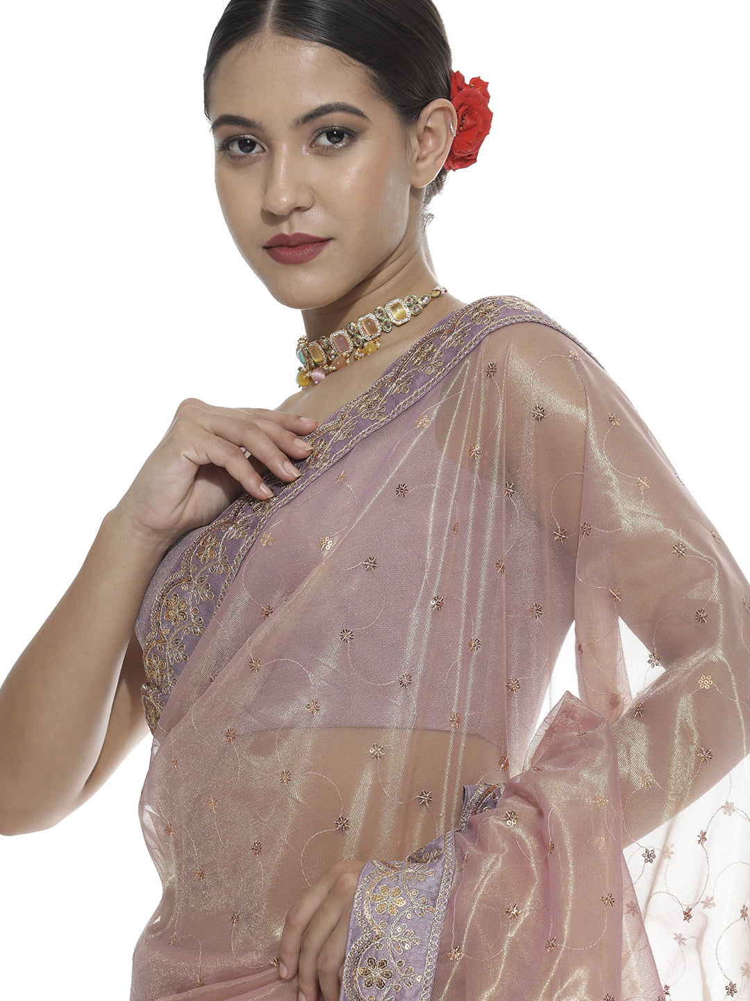 Pink Sequin Embroidered Net Party Wear Saree