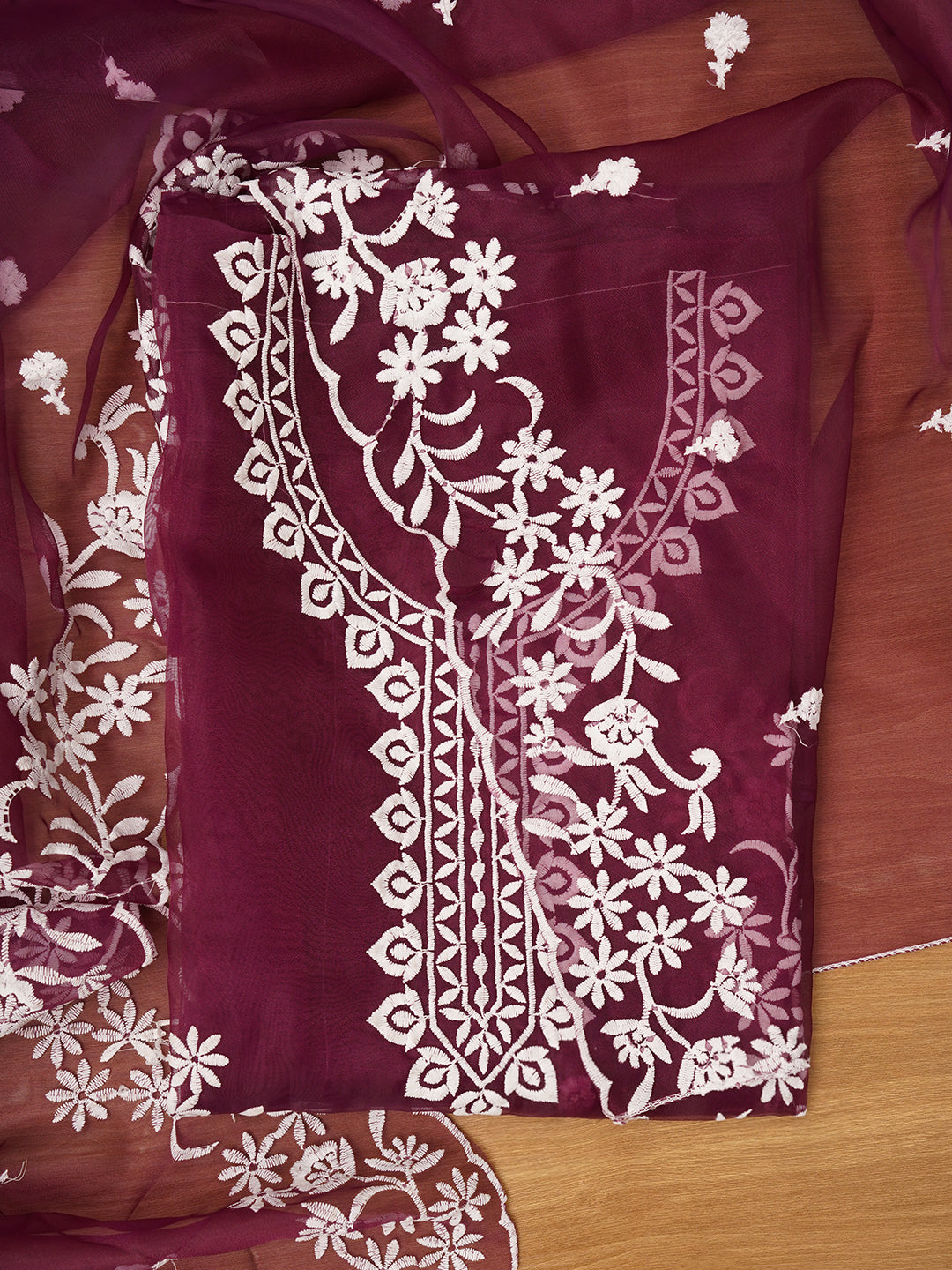 Magenta Floral Embroidered Organza Dress with Dupatta