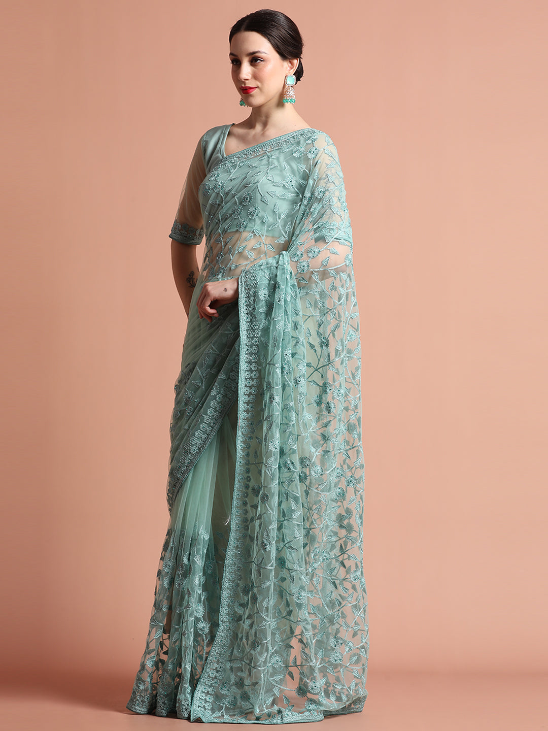 Party Wear Teal Floral Embroidered Net Saree