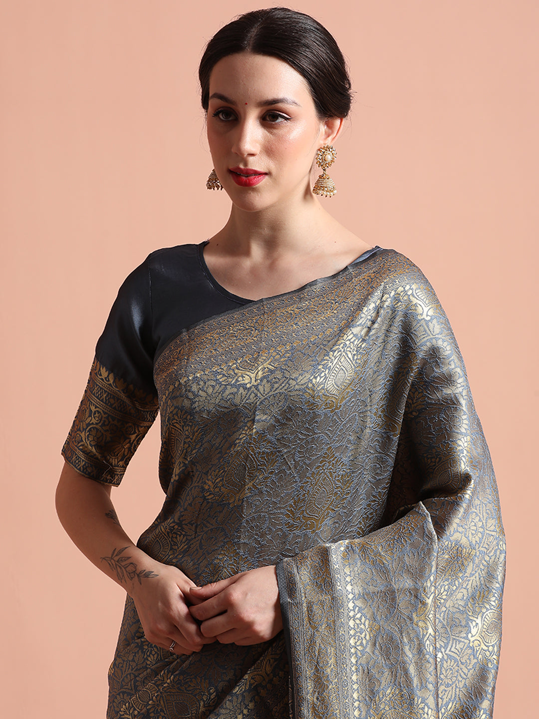 Heavy Banarasi Zari Woven Grey Silk Blend Saree