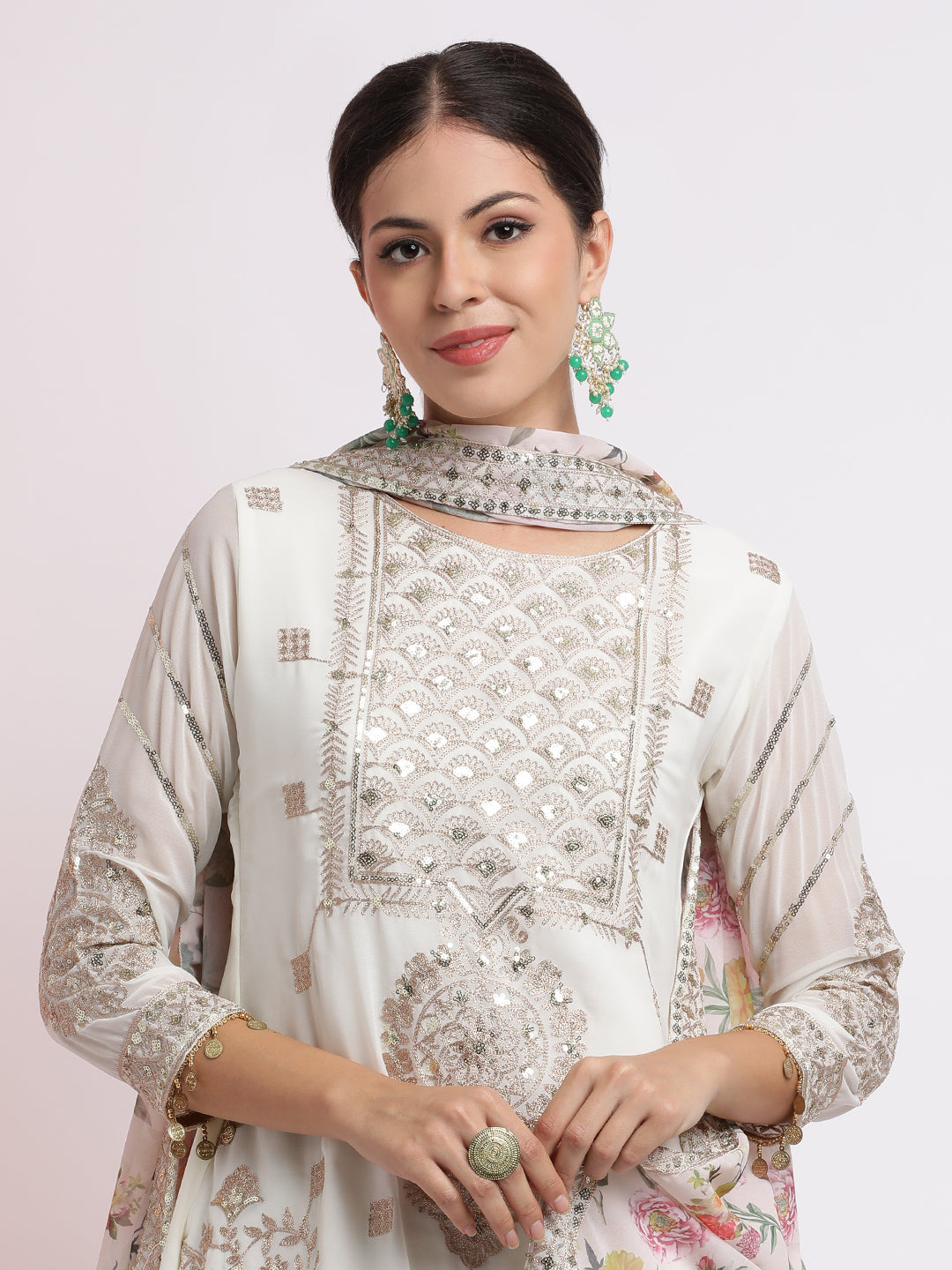 White Zari Embroidered Kurta With Floral Sharara And Dupatta