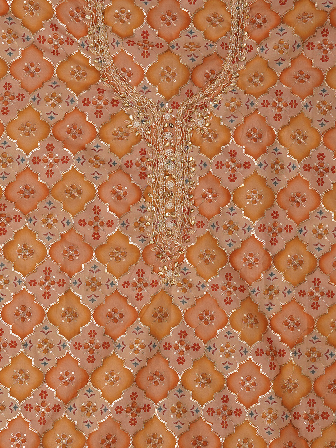 Unstitched Embroidered Organza Orange Dress Material With Dupatta