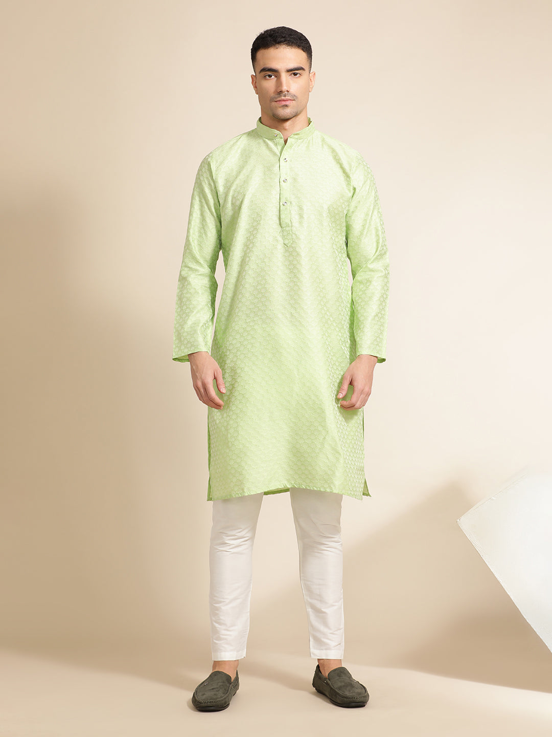 Pista Green Silk Blend Kurta With Woven Design Nehru Jacket Set