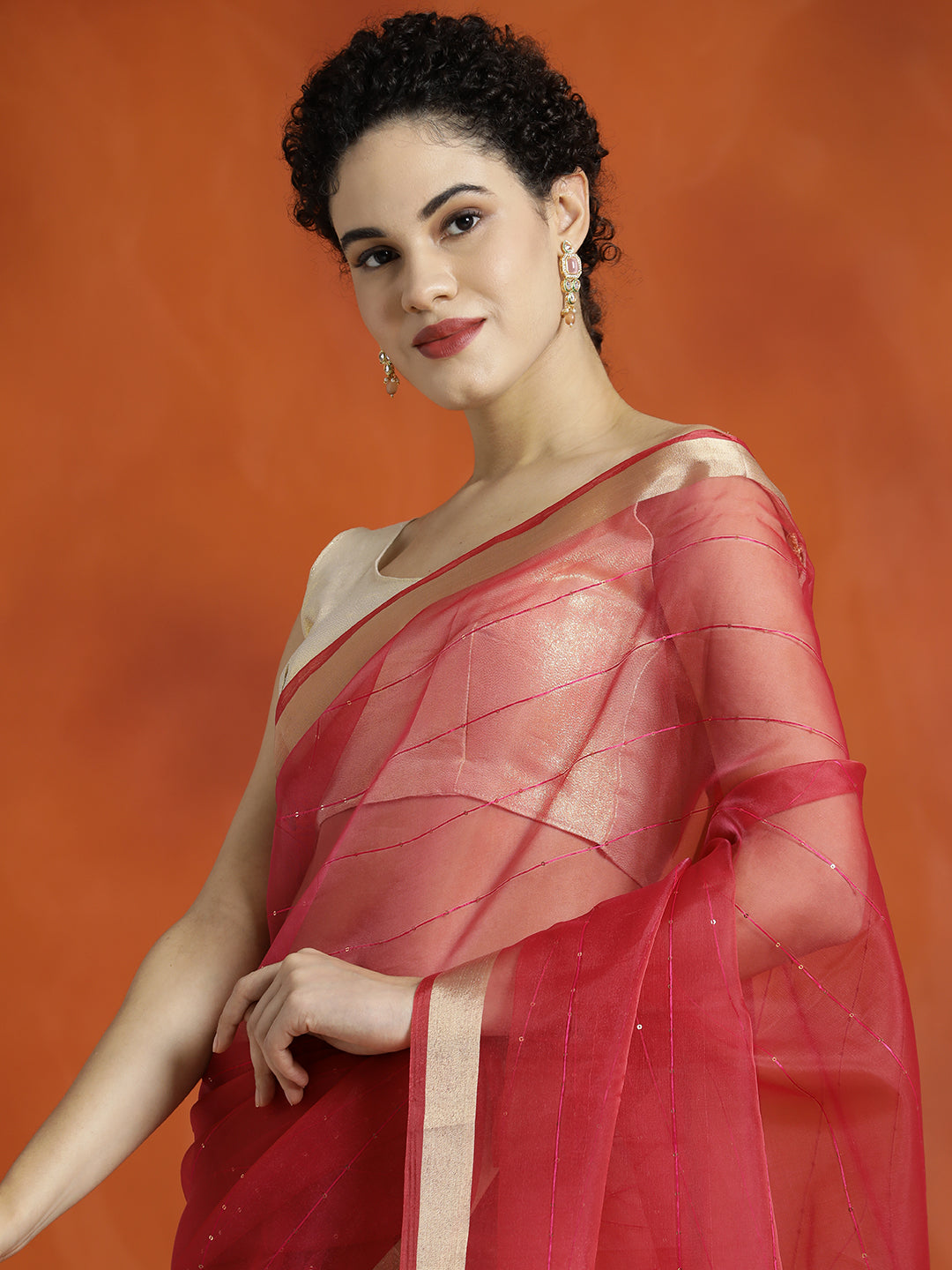 Pink Sequin Embellished Banarasi Organza Saree