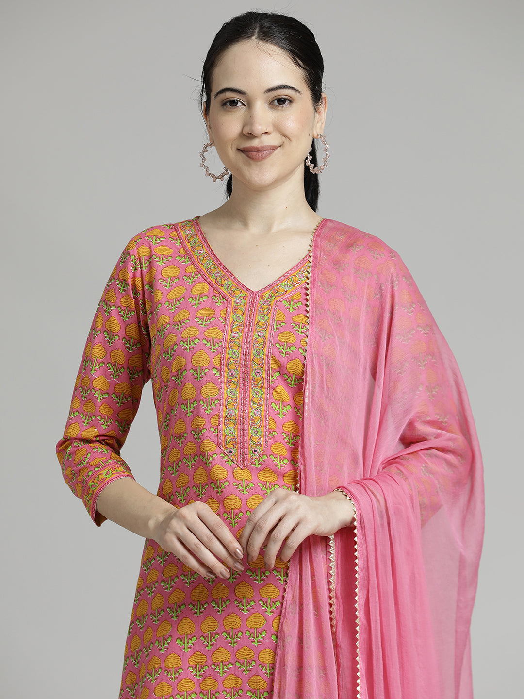 Ethnic Printed Pure Cotton Orange Suit Set