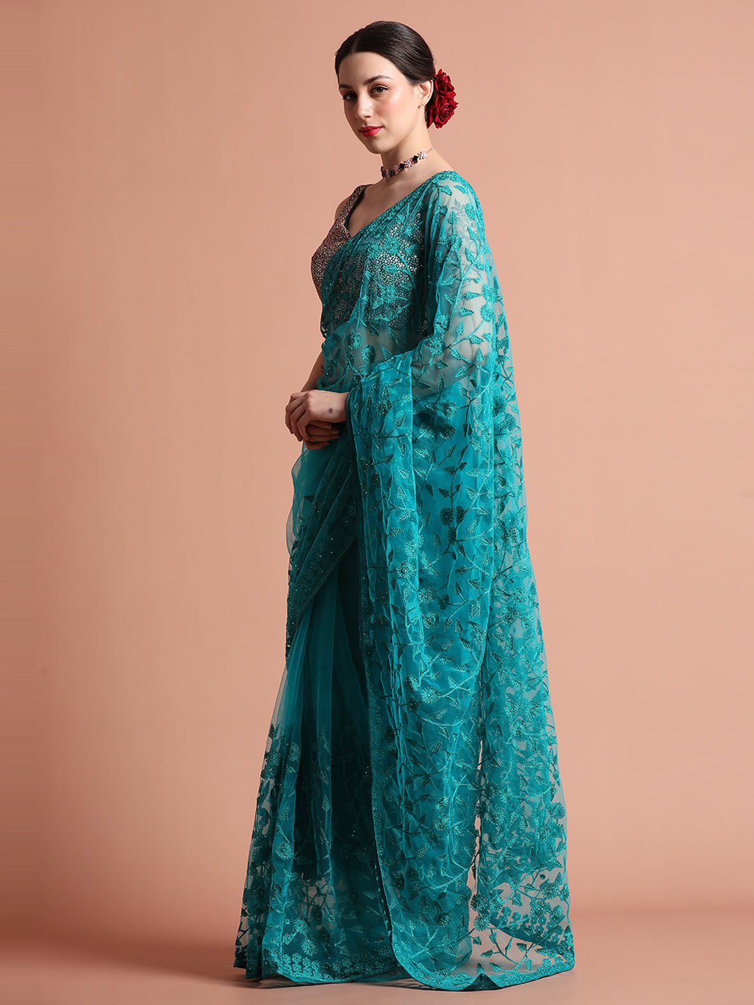 Firoji Party Wear Floral Embroidered Net Saree