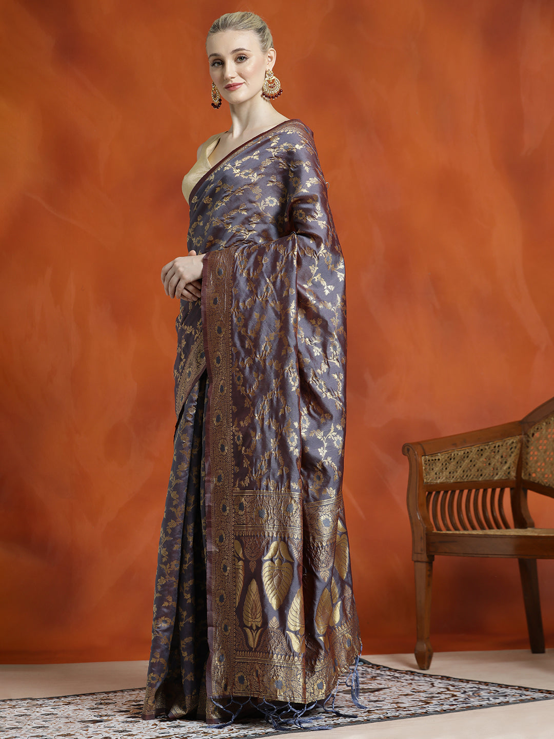 Grey Silk Banarasi Zari Woven Heavy Saree