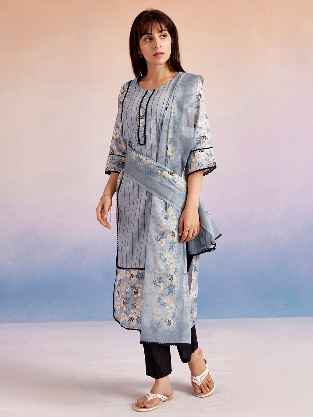 Blue Floral Printed Kurta Set With Dupatta