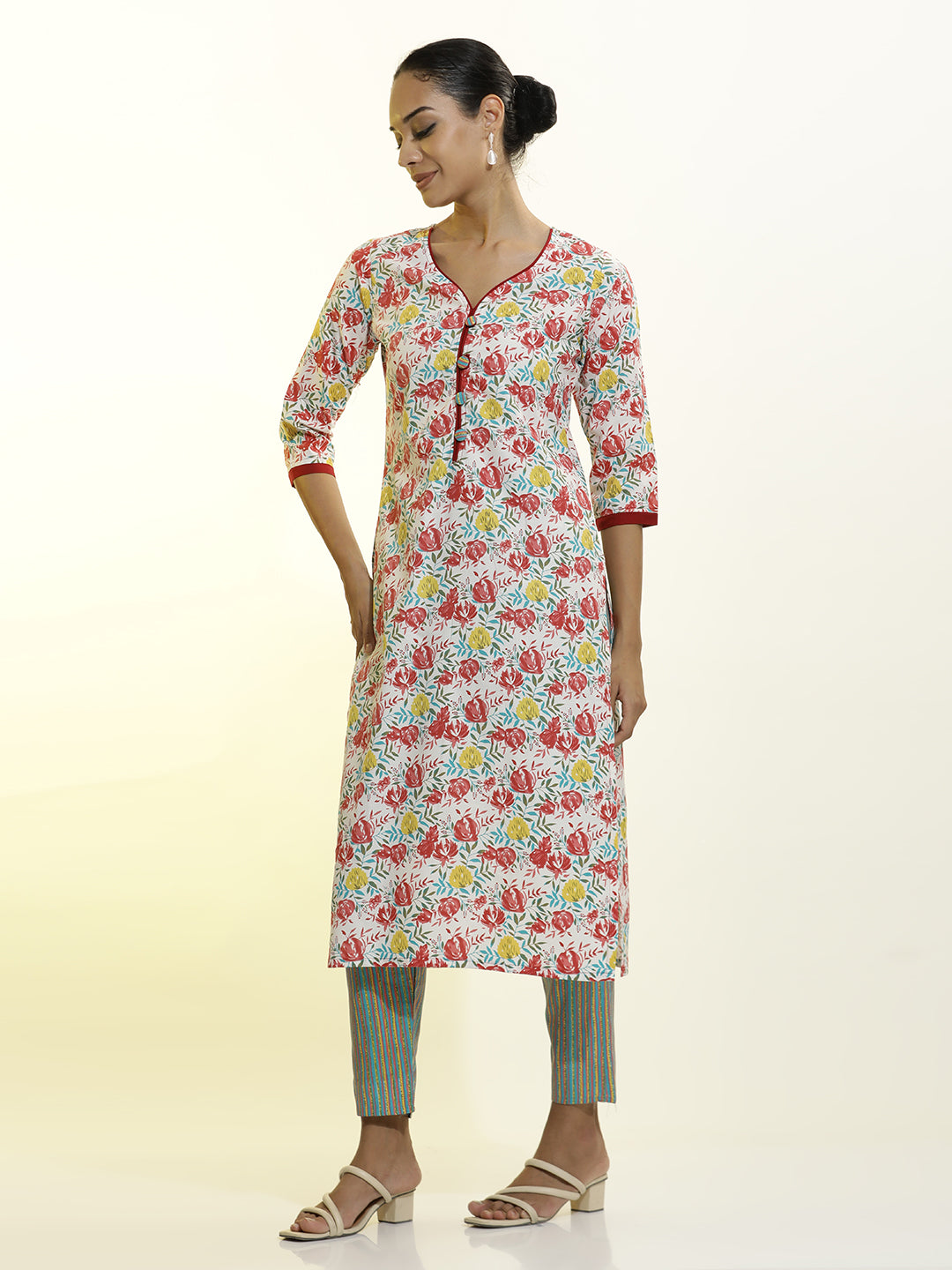 White Floral Printed Cotton Blend Kurta Set