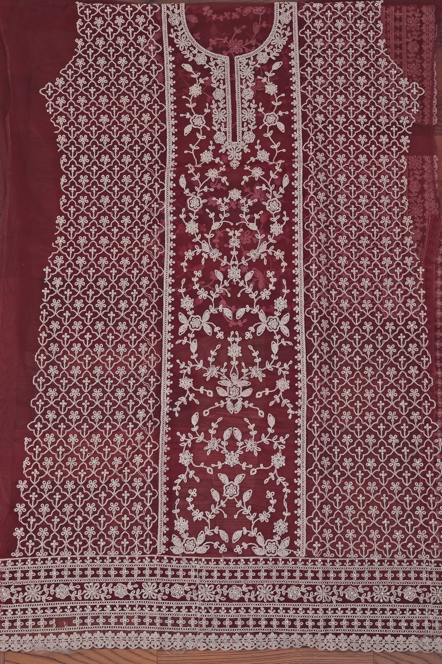 Maroon Heavy Embroidered Net Dress Material with Dupatta