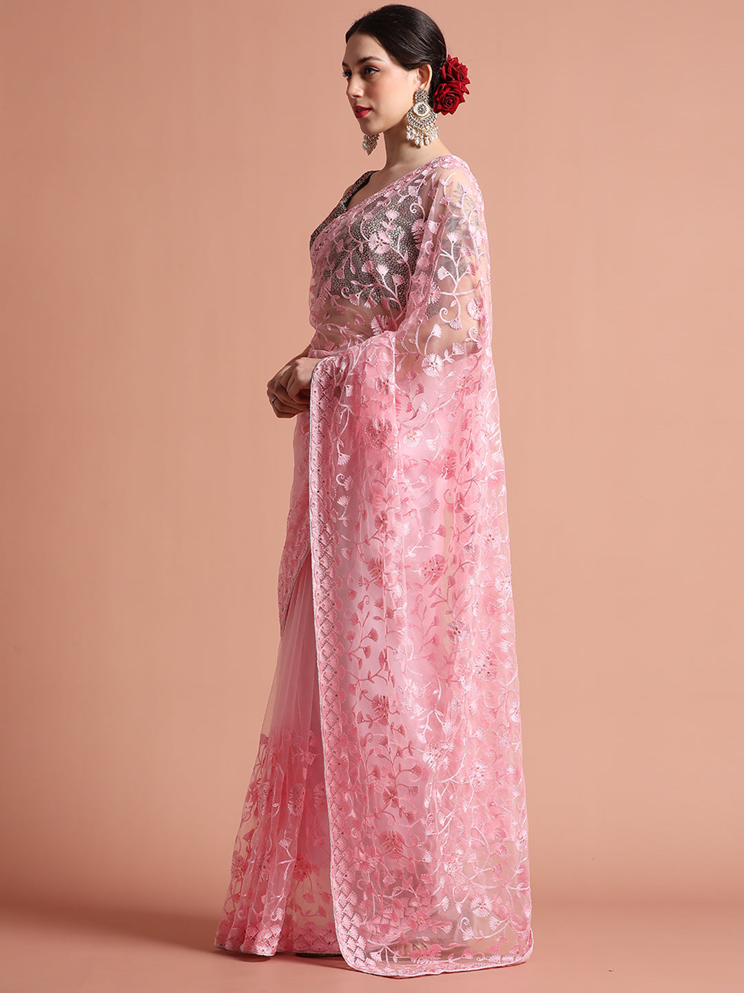 Baby Pink Party Wear Floral Embroidered Net Saree