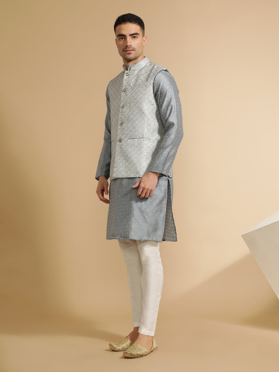 Grey Silk Blend Kurta With Woven Design Nehru Jacket Set